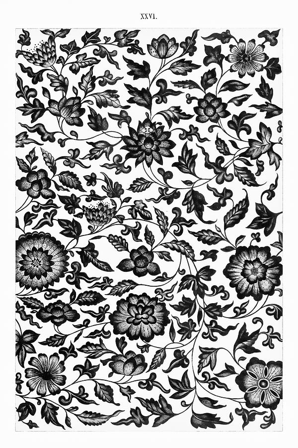 Blue Flower Pattern BW Painting by Bob Pardue