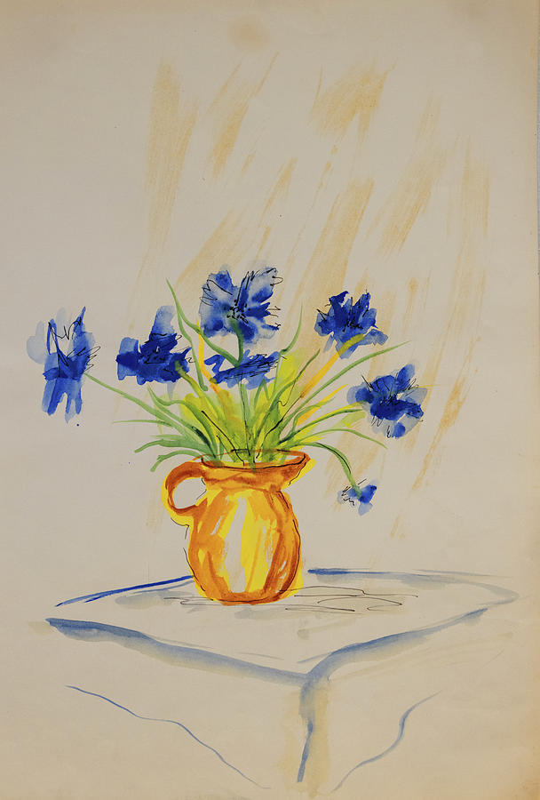 Blue Flowers, Gold Vase Painting by Patti Deters