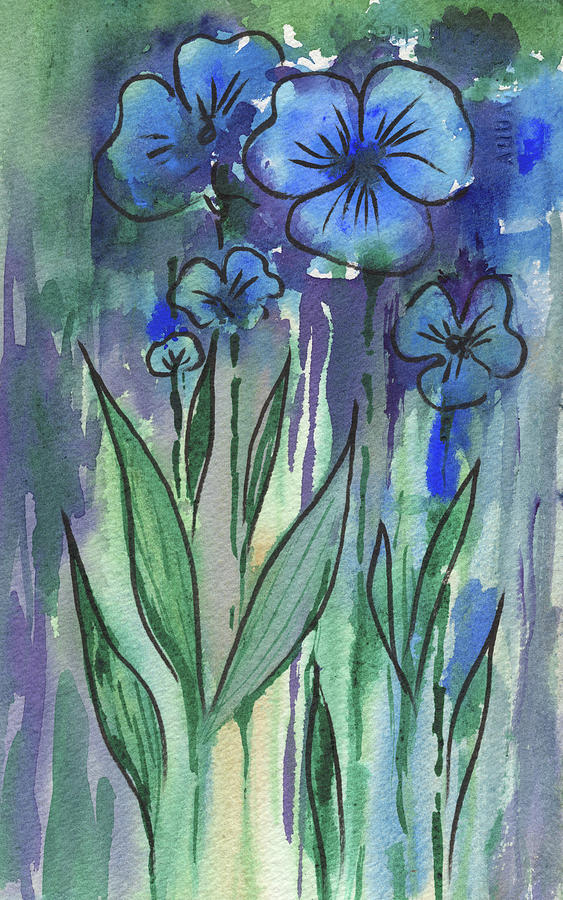 Blue Flowers In The Morning Garden Watercolor  Painting by Irina Sztukowski