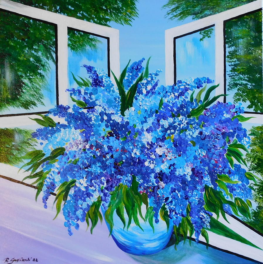 Blue flowers in vase  Painting by Roberto Gagliardi