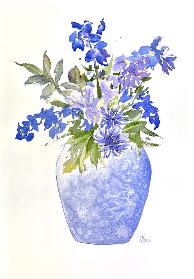 Blue flowers in vase still life Painting by Chris Hobel
