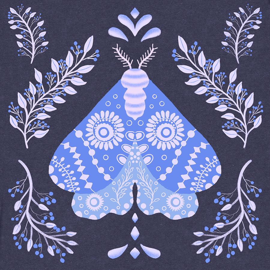 Folk Art Moth in Blue Digital Art by Marcy Brennan