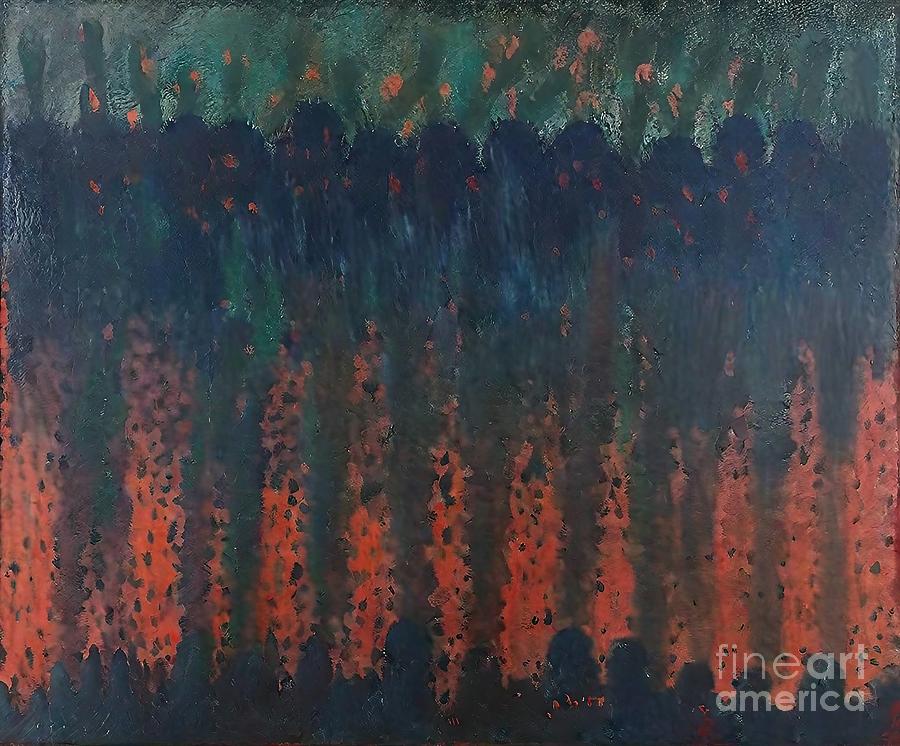 Abstract Painting - Blue Forest of Orangedale Painting pink blue stripes vertical woods forest gray orange abstract acrylic art artistic artwork background black brush burn canvas color colorful contemporary dark by N Akkash