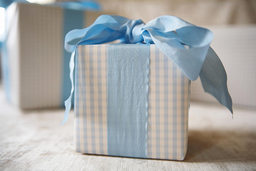 Blue gingham gift with blue ribbon Photograph by Tooga