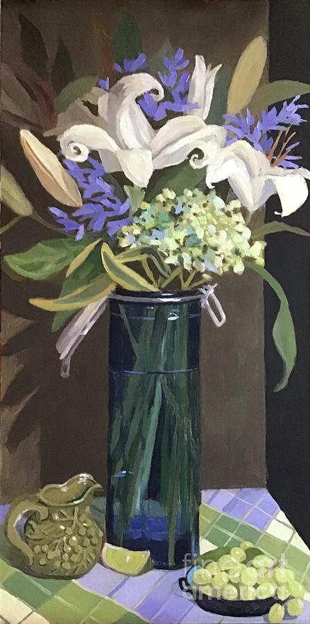 Blue Glass Canister with Lillies Painting by Anne Marie Brown