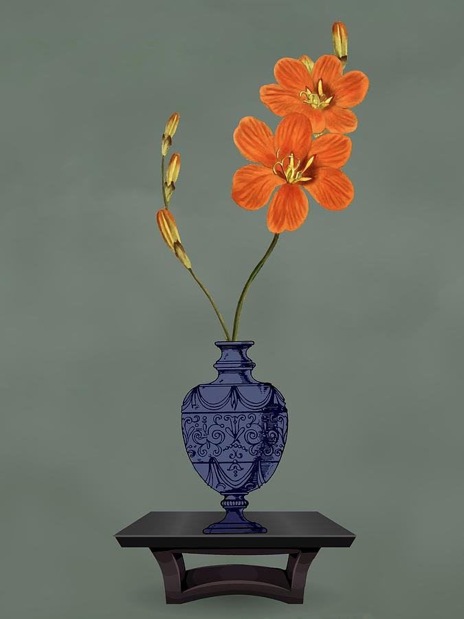 Blue Glass Printed Vase with Flowers Mixed Media by David Dehner