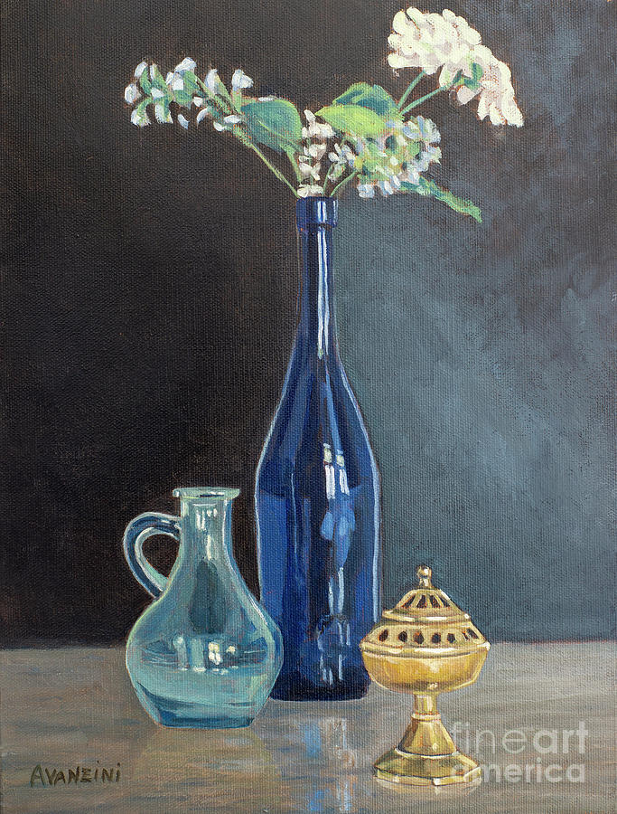 Blue Glass Wine Bottle with Flowers Water Jug and Censer Still Life Painting by Pablo Avanzini
