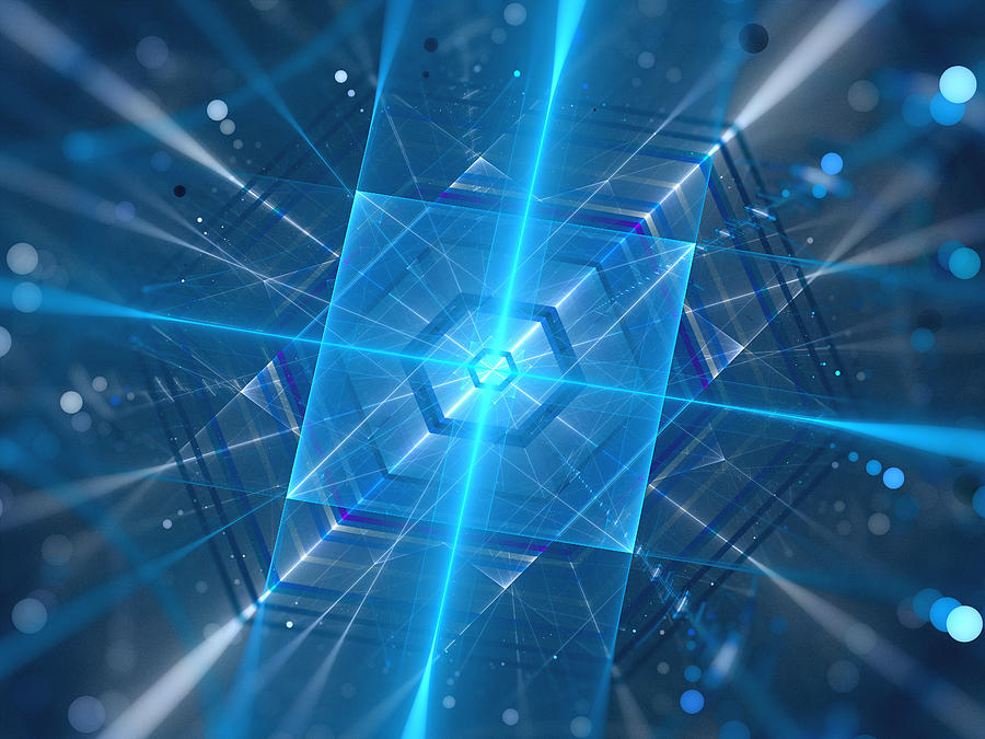 Blue glowing futuristic quantum processor Photograph by Sakkmesterke