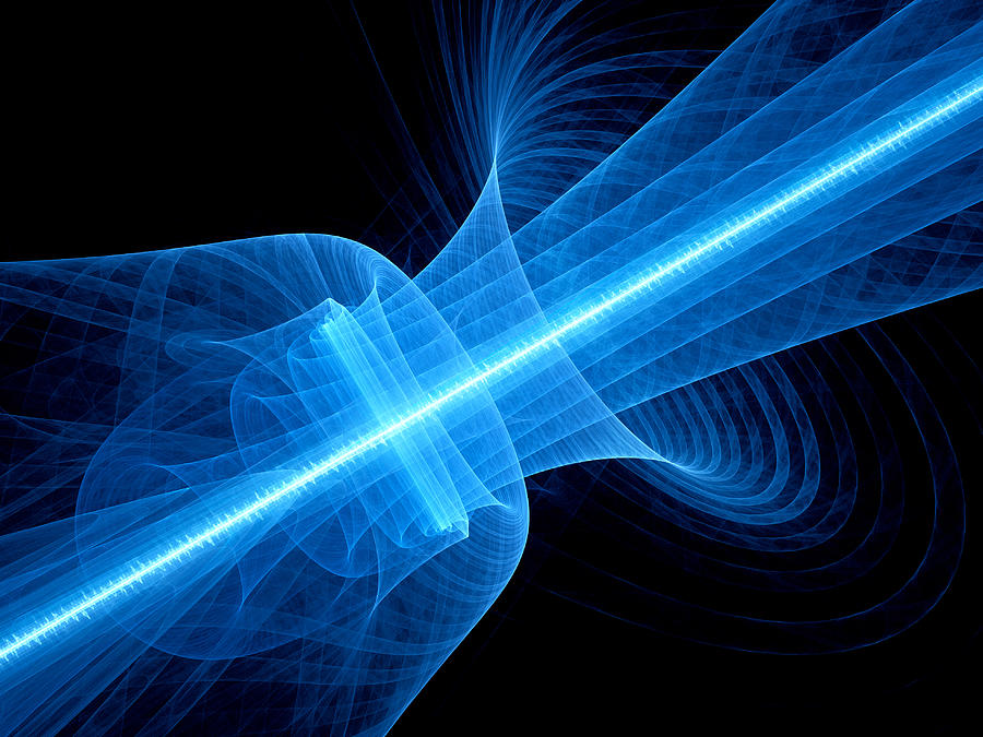 Blue glowing quantum laser in space with rippled beam Photograph by Sakkmesterke