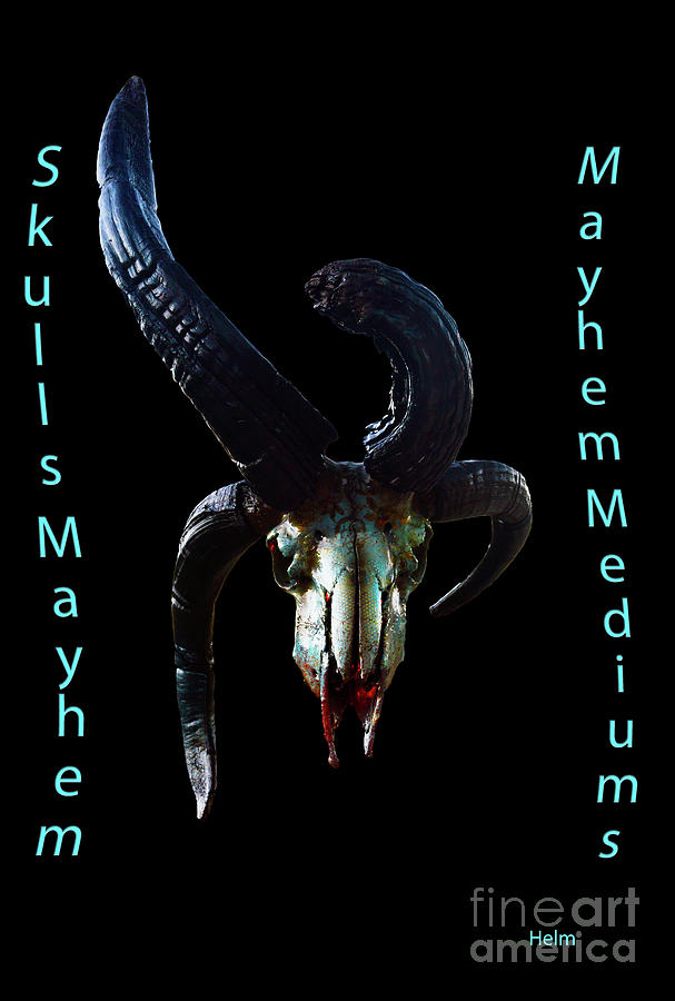Blue Gold and Sepia Illuminating Jacob Ram Skull Mixed Media by Mayhem Mediums