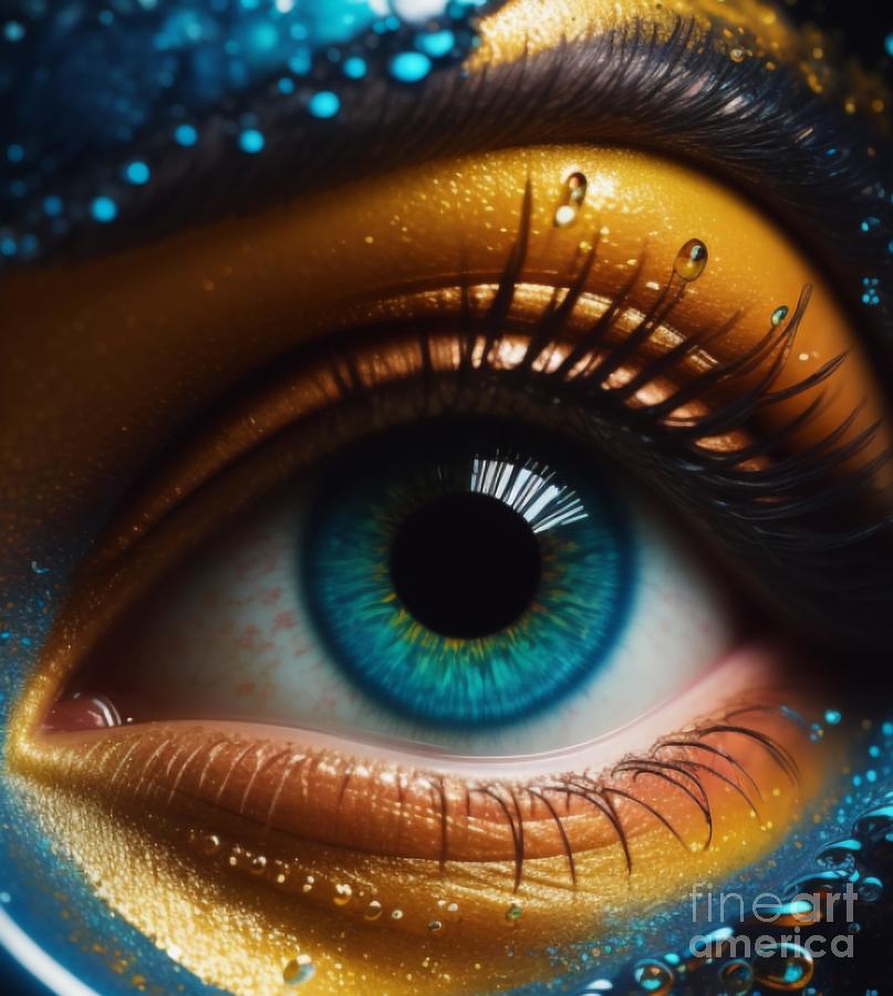 Blue Gold Eye Art - Intricate Beauty in Close-Up Mixed Media by Artvizual Premium