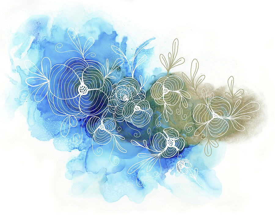 Blue Gold White Floral Abstract 71 Mixed Media by Lucie Dumas