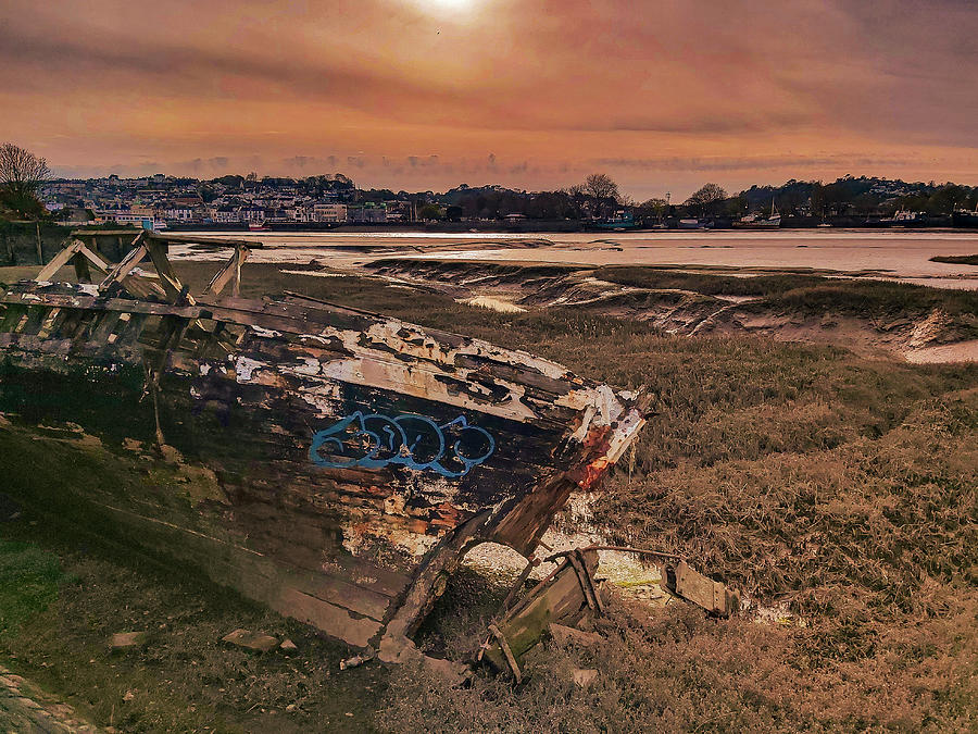 Blue Graffiti Boat Wreck Sunset River Torridge Devon Photograph by Richard Brookes