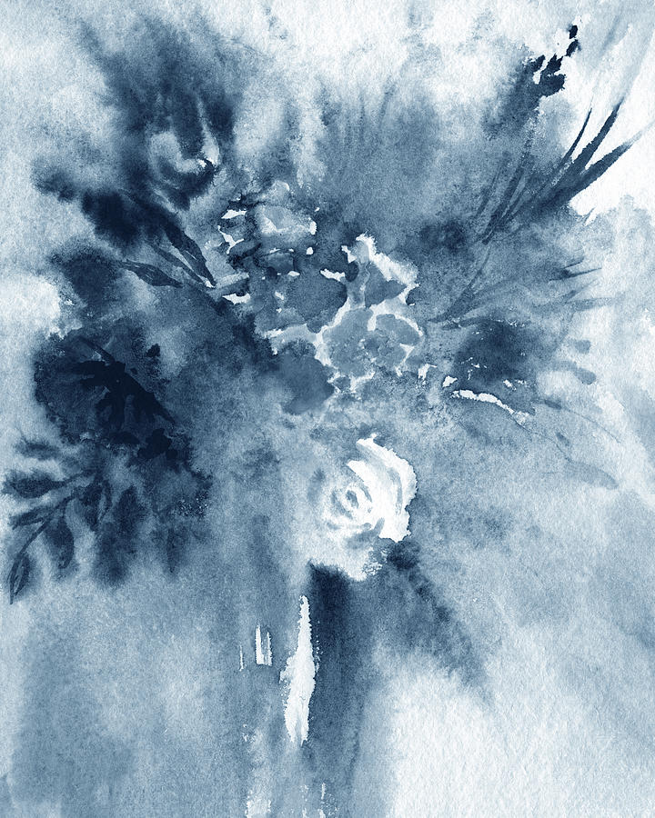 Blue Gray Abstract Floral Watercolor Flowers For Interior Decor II Painting by Irina Sztukowski