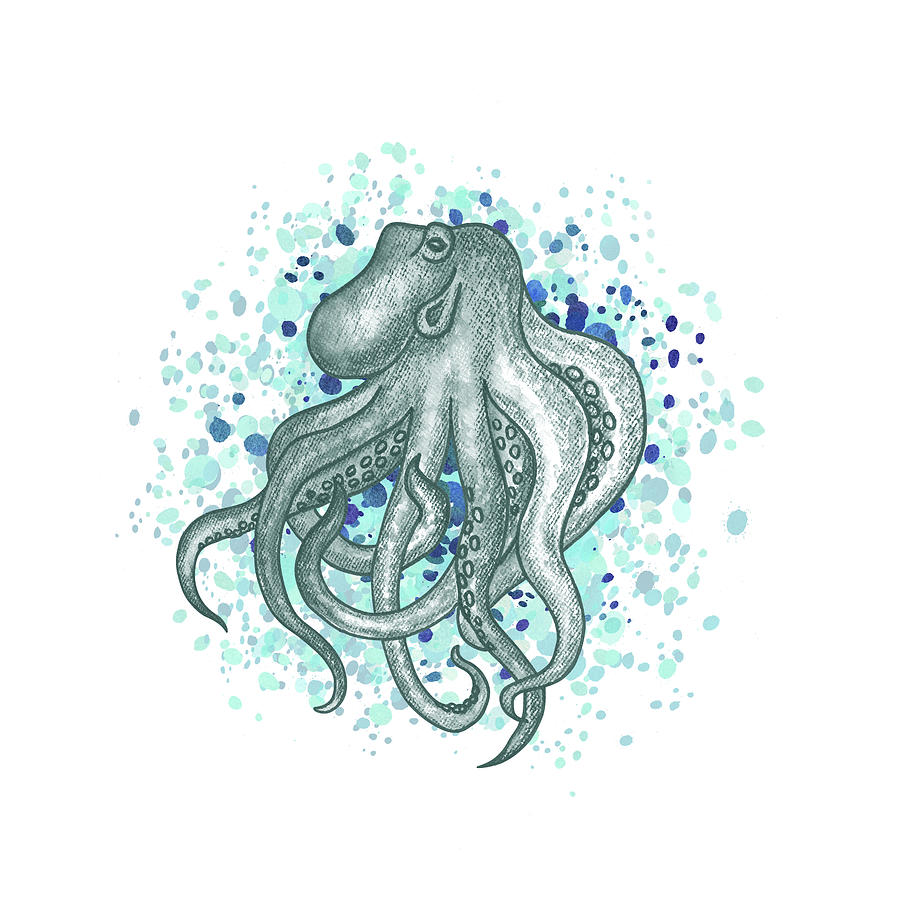 Blue Gray Watercolor Octopus On A Splash Of Teal Water Beach Art Painting by Irina Sztukowski
