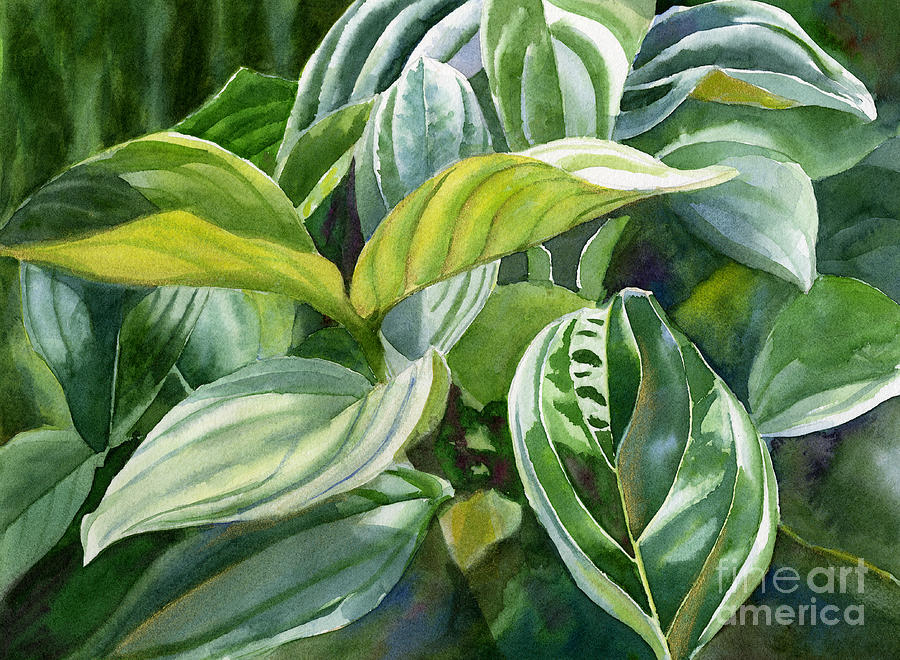 Blue Green and Gold Tropical Leaves Painting by Sharon Freeman
