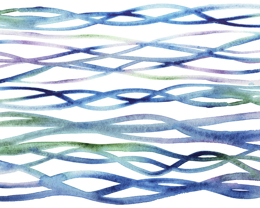 Blue Green Purple Abstract Organic Lines Ocean Waves Watercolor Painting by Irina Sztukowski