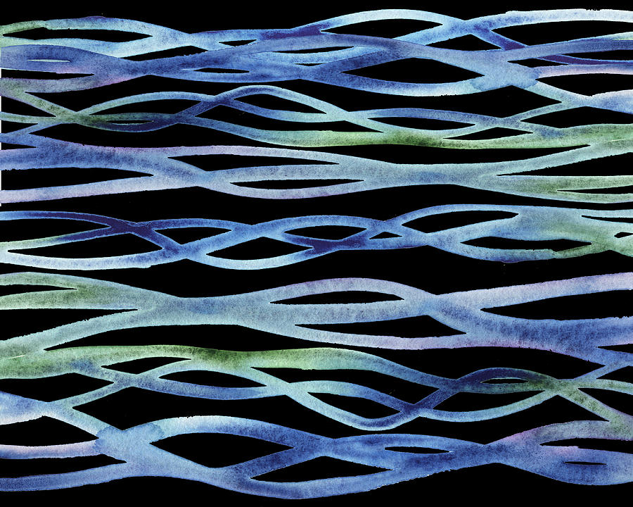 Blue Green Purple Abstract Organic Lines Ocean Waves Watercolor On Black  Painting by Irina Sztukowski