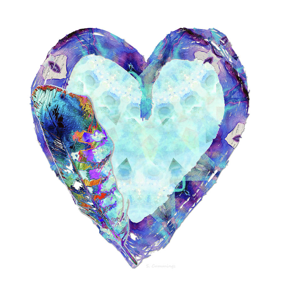 Abstract Painting - Blue Heart Art - Feather Love by Sharon Cummings