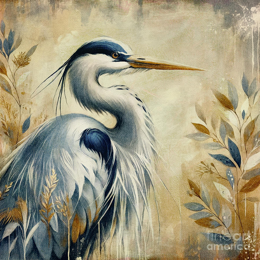 Blue Heron And Golden Leaves Painting by Maria Angelica Maira