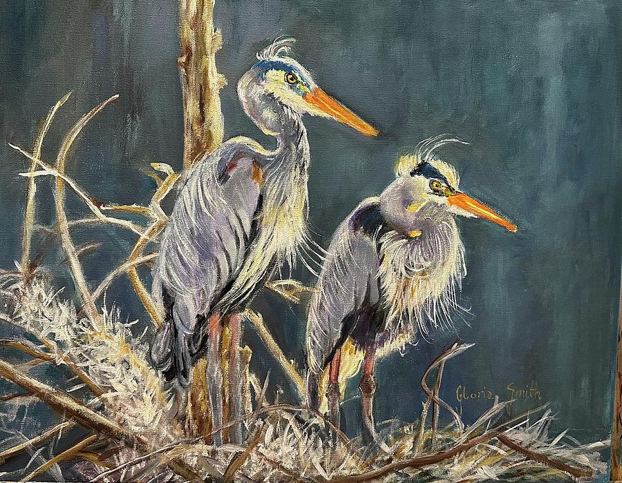 Blue Heron Courtship  Painting by Gloria Smith