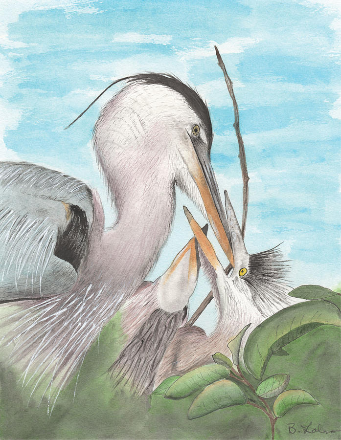 Blue Heron Feeding its Young Painting by Bob Labno