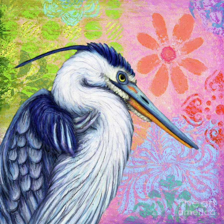 Blue Heron Floral Abstract Painting by Amy E Fraser