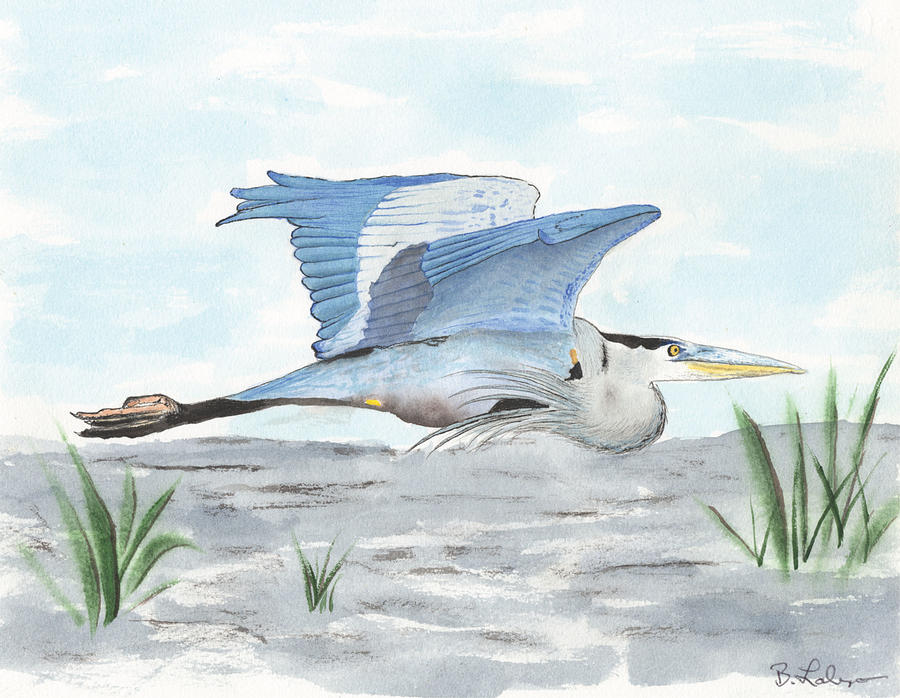 Blue Heron In Flight Painting by Bob Labno
