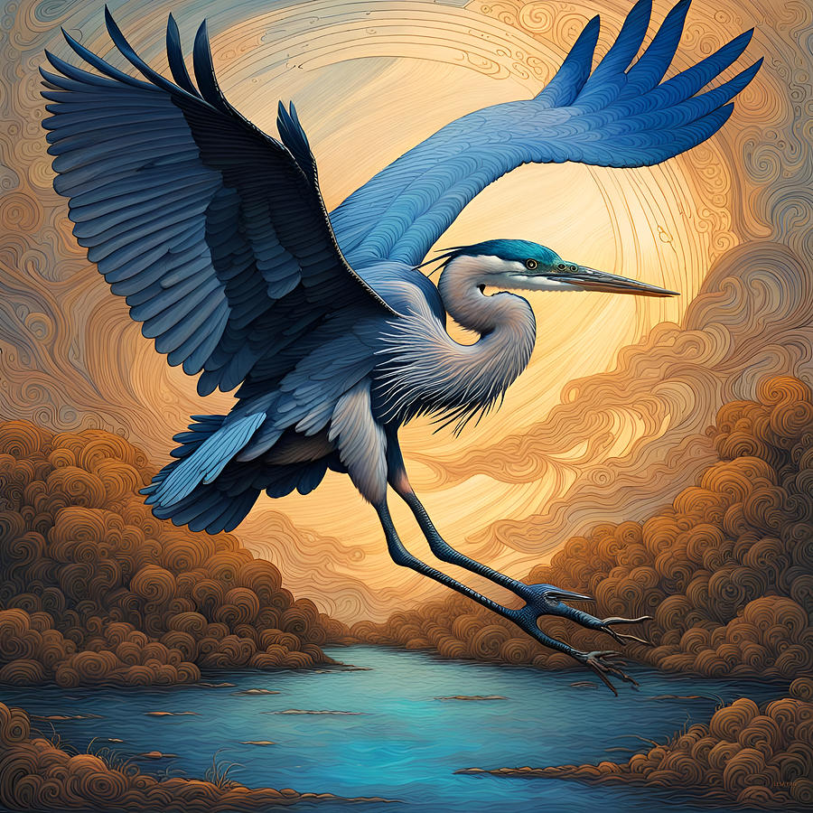 Blue Heron On Approach Mixed Media by Lesa Fine
