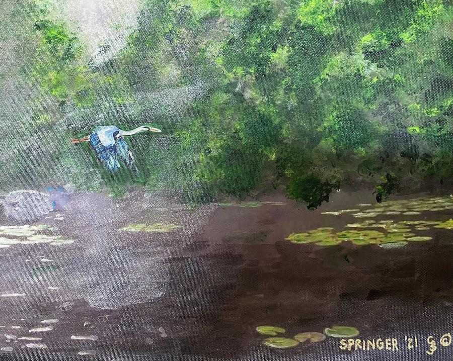 Blue Heron over the water Painting by Gary Springer