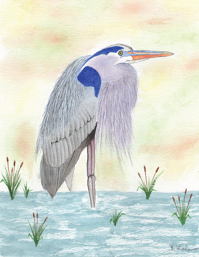 Blue Heron Standing Painting by Bob Labno