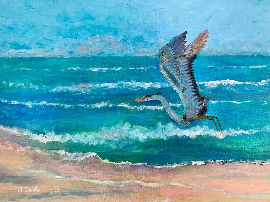 Blue Heron Taking Flight Painting by Anne Sands