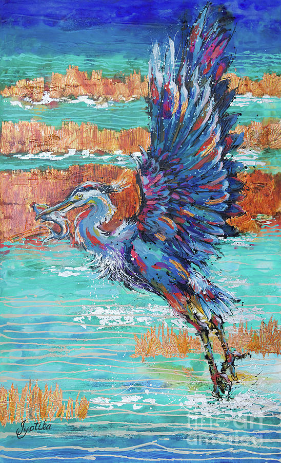 Blue Herons Catch Painting by Jyotika Shroff