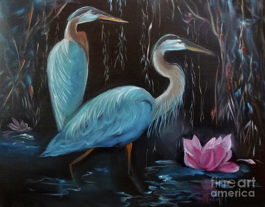 Feather Painting - Blue Herons by Jenny Lee