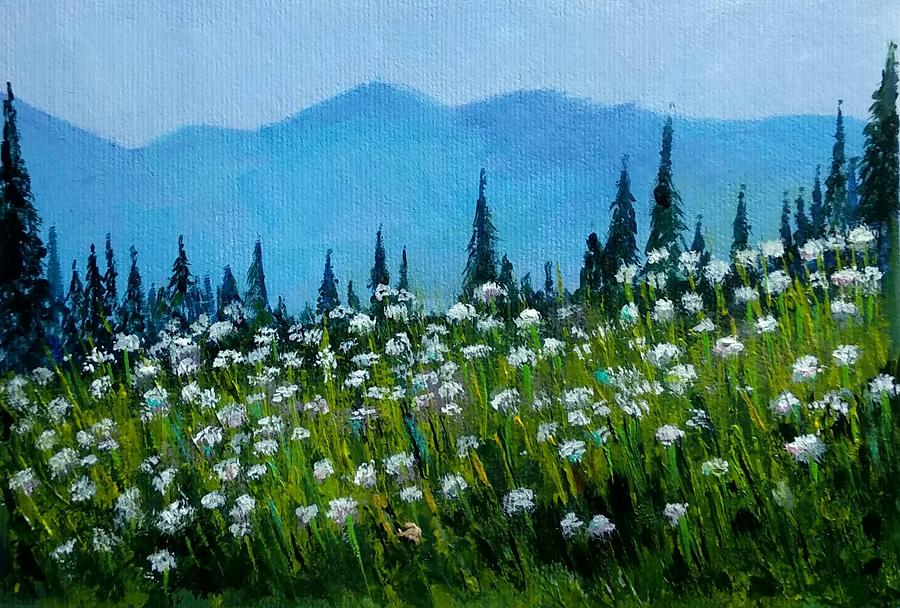 Blue hills and wild flowers Painting by Asha Sudhaker Shenoy