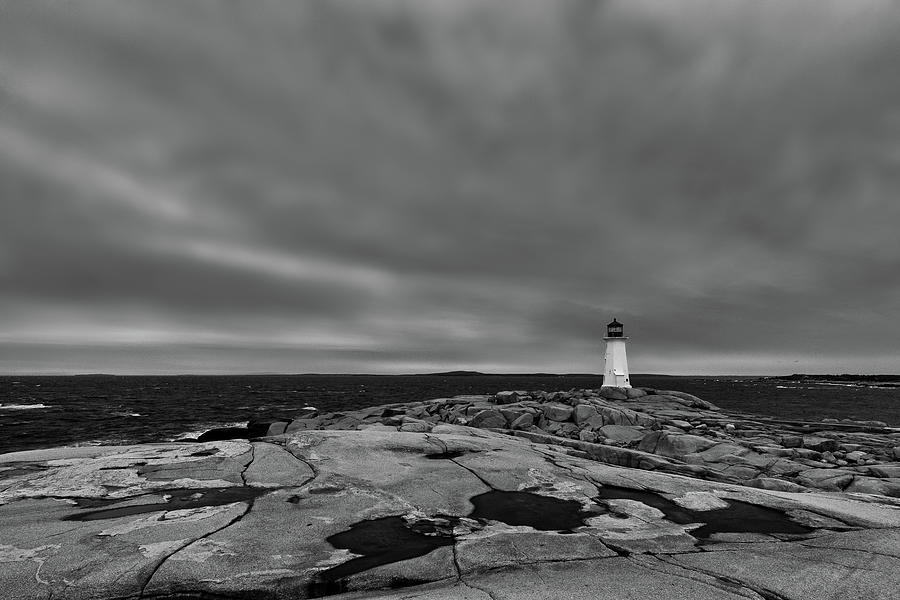 Blue hour at Peggys Cove point - monochrome version Photograph by Murray Rudd