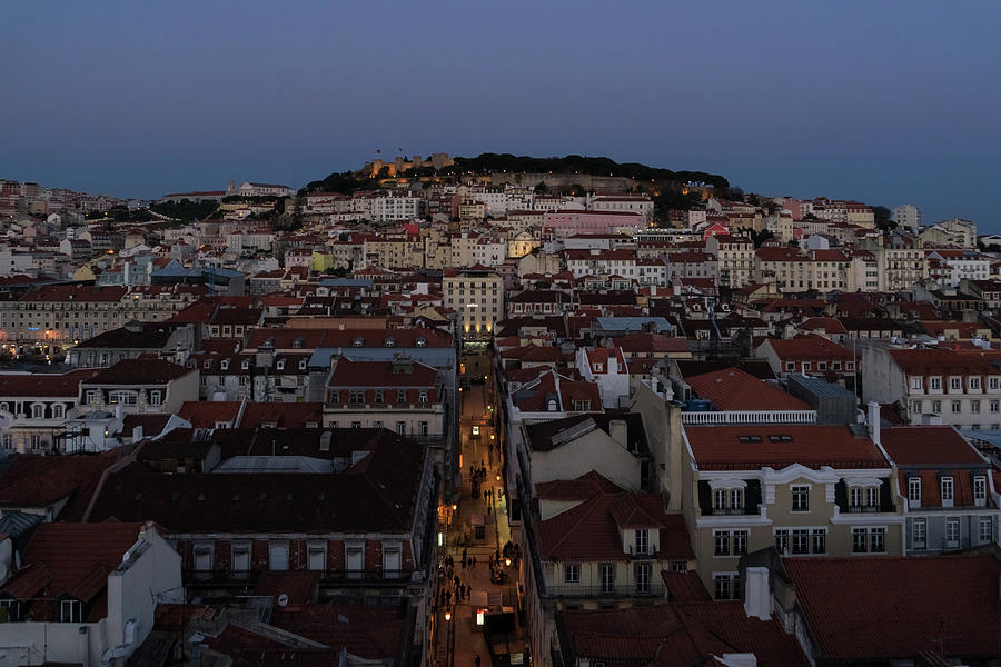Blue Hour Over Lisbon Portugal - Rua De Santa Justa Streetlights Photograph