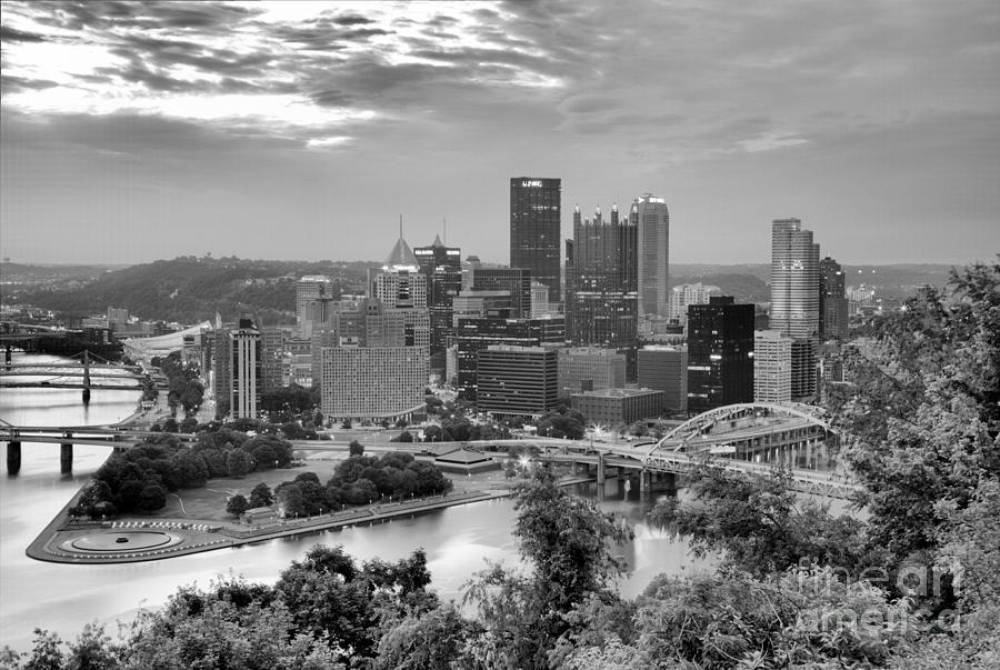 Blue Hour Over The PIttsburgh Skyline Black And White Photograph by Adam Jewell
