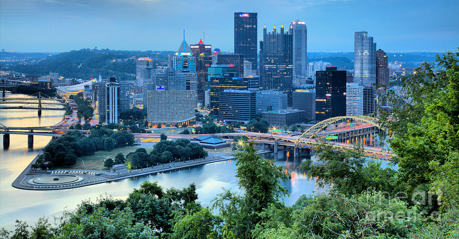 Blue Hour Over The Pittsburgh Skyline Panorama Photograph by Adam Jewell