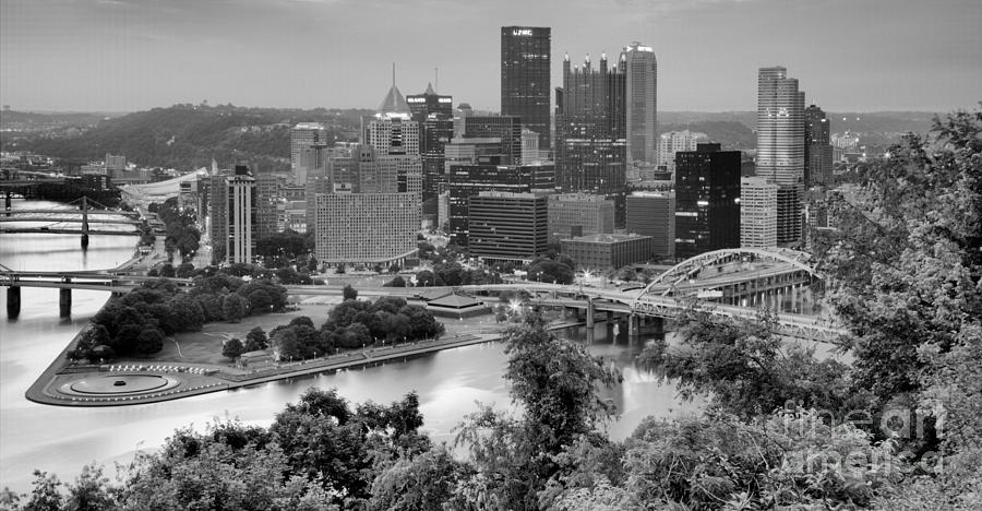 Blue Hour Over The Pittsburgh Skyline Panorama Black And White Photograph by Adam Jewell