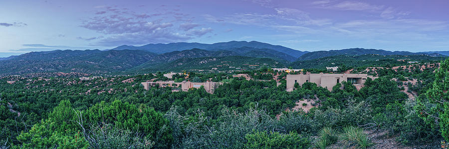 Blue Hour Panorama of Santa Fe and Sangre de Cristo Mountains - New Mexico Land of Enchantment Photograph by Silvio Ligutti