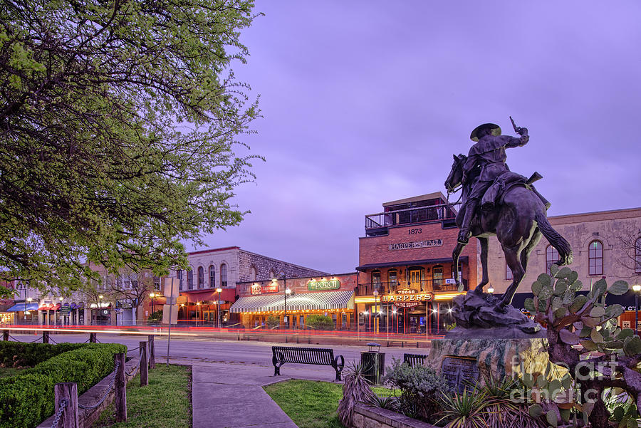 Blue Hour Photograph of John Jack Hays statue at San Marcos Downtown Square - Texas Hill Country Photograph by Silvio Ligutti