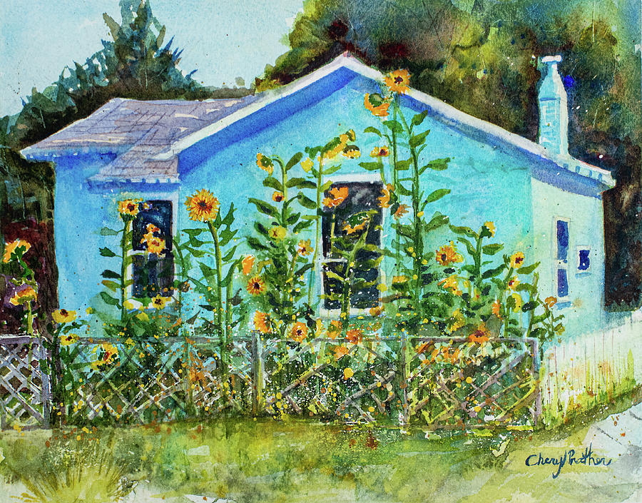 Sunflower Painting - Blue House by Cheryl Prather