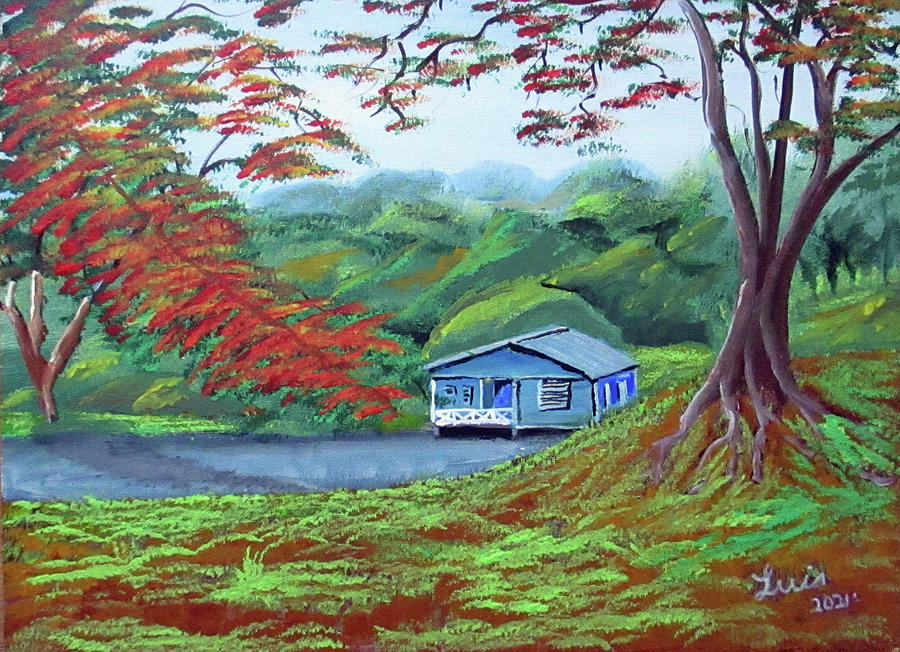 Blue House Tropical Landscape Painting by Luis F Rodriguez