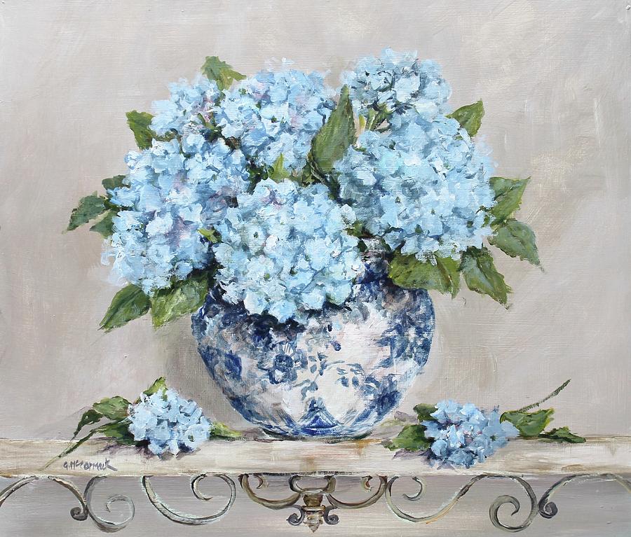 Blue Hydrangeas on a Scrolly Shelf Painting by Gail McCormack