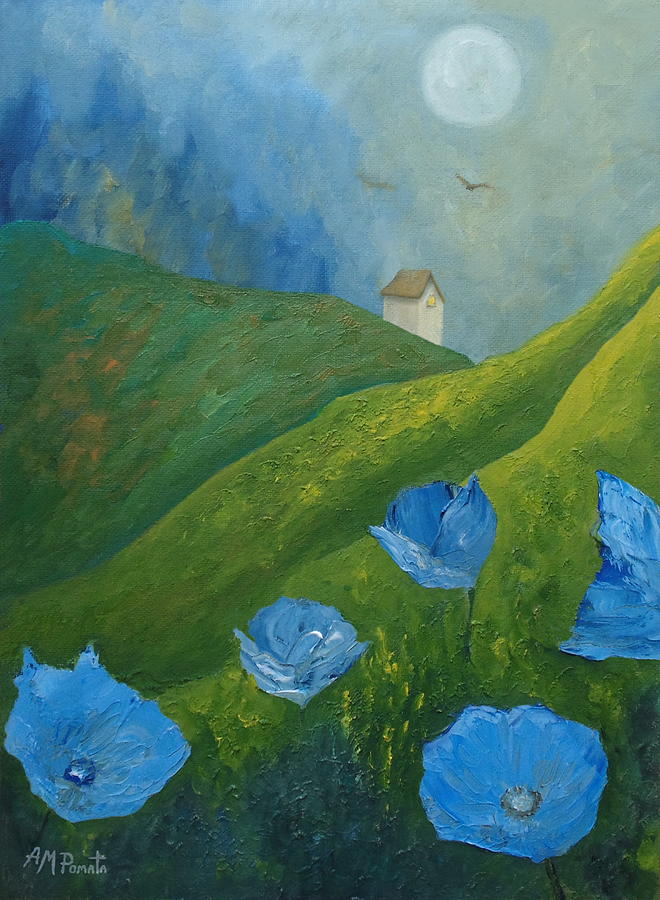 Poppy Painting - Blue In The Fields by Angeles M Pomata