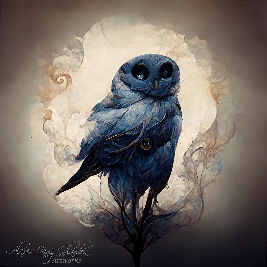 Blue Ink Owl Digital Art by Alexis King-Glandon