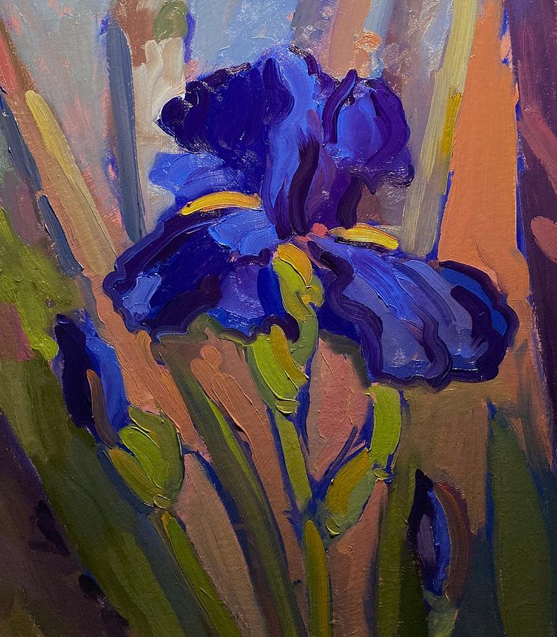 Blue iris by the myrtle tree Painting by R W Goetting