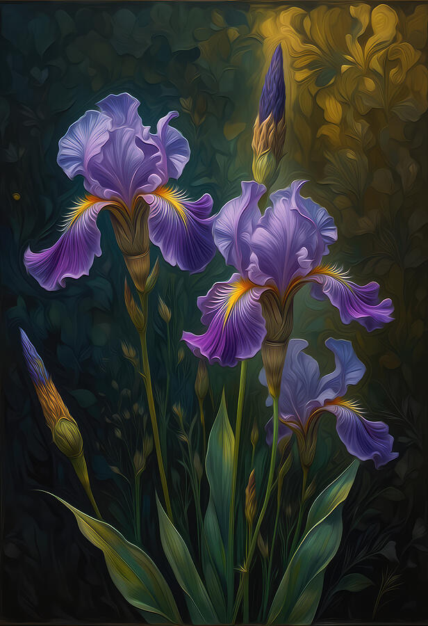 Vibrant Purple Irises Bloom Digital Art - Blue Iris Wall Art by Vintage Wall Art