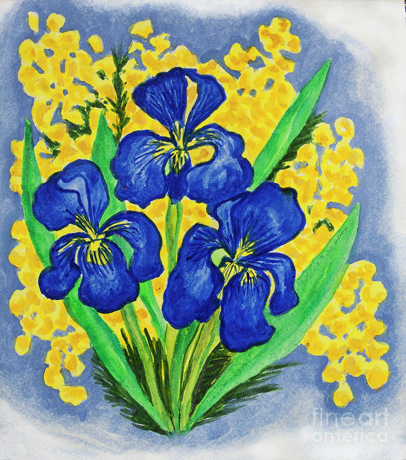 Blue irises and mimosa Painting by Irina Afonskaya